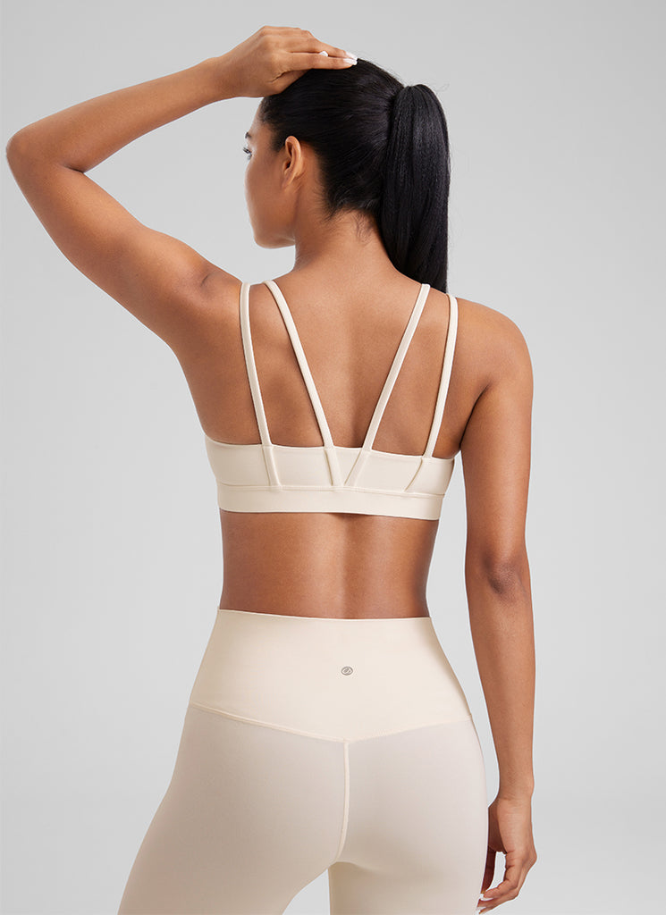 CRZ YOGA Women's Yoga Molded Cup Butterluxe Strappy Bra V Neck White Apricot