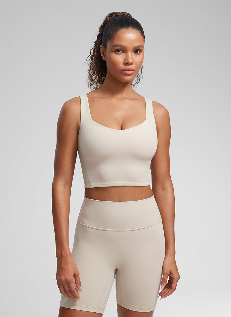 CRZ YOGA Women's Yoga Molded Cup Butterluxe Longline Bra V Neck Mojave Tan