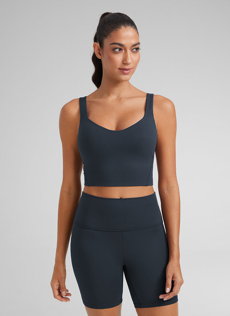 CRZ YOGA Women's Yoga Molded Cup Butterluxe Longline Bra V Neck Black