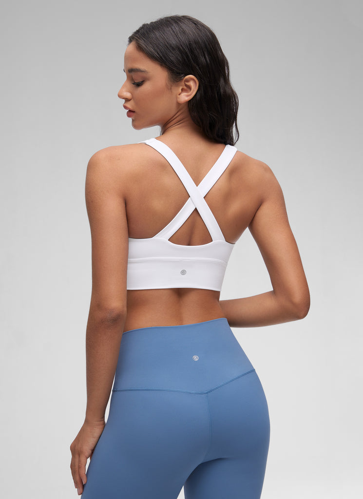 CRZ YOGA Women's Light Support Butterluxe Yoga Bra Ruched V Neck White