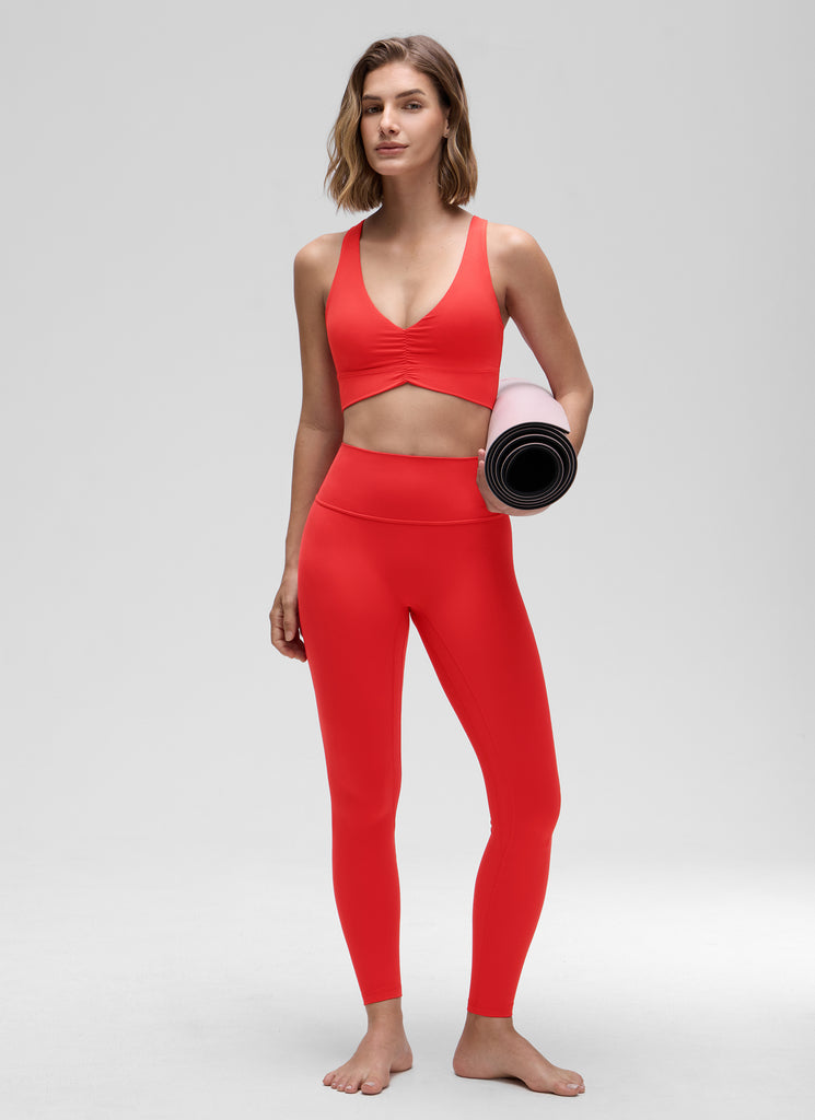 CRZ YOGA Women's Light Support Butterluxe Yoga Bra Ruched V Neck Deep Red