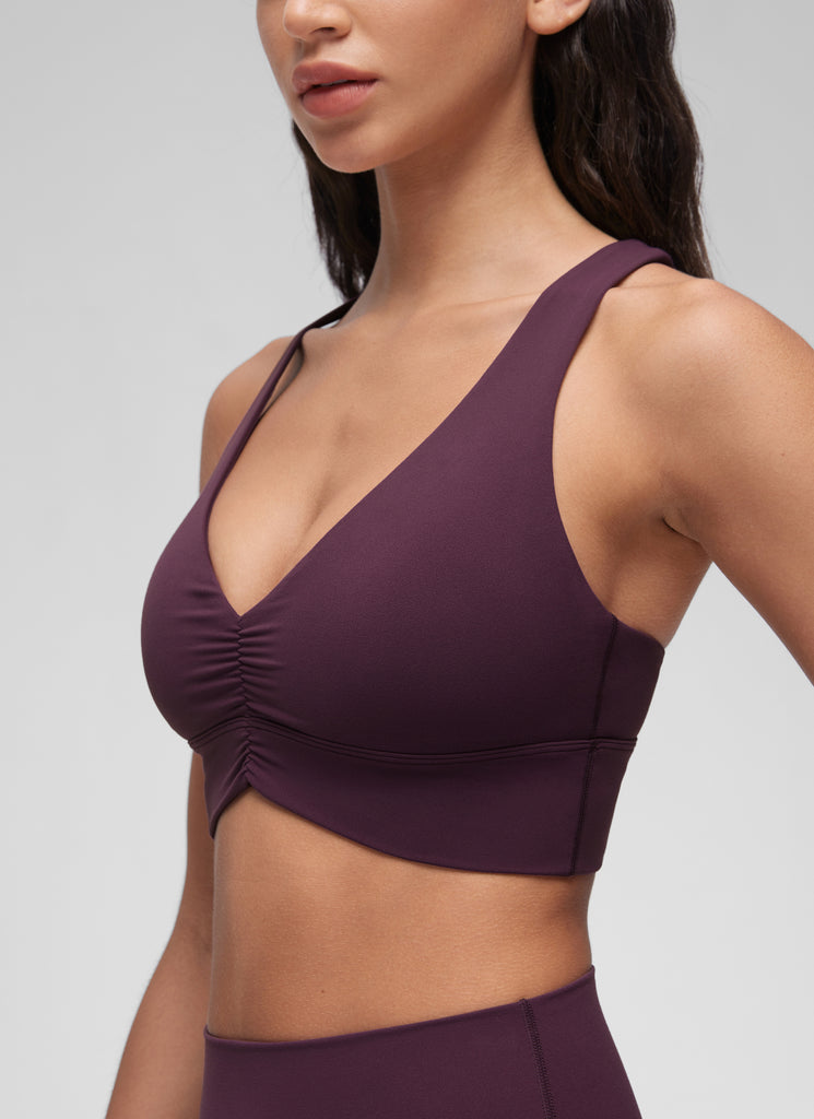 CRZ YOGA Women's Light Support Butterluxe Yoga Bra Ruched V Neck Deep Purple