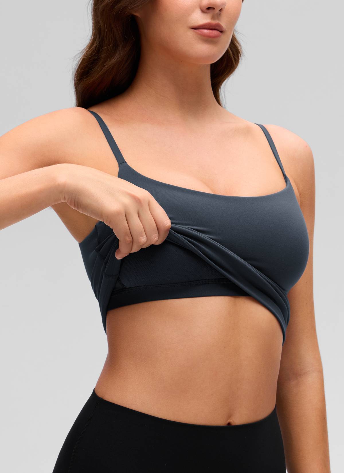 CRZ YOGA Women's Butterluxe Yoga U Back Waist Length Built in Bra Tank True Navy @model_info:Gelya