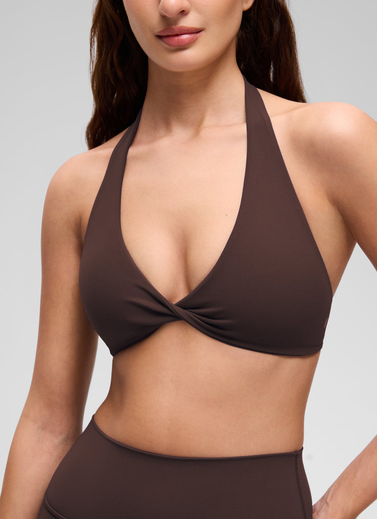 CRZ YOGA Women's Butterluxe Yoga V Neck Crop Double Lined Sports Bra Hot Fudge Brown
