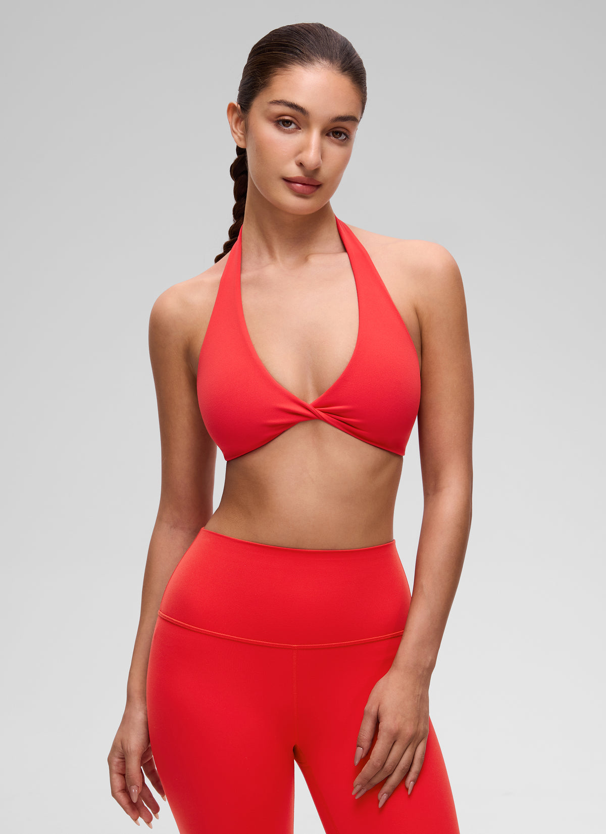 CRZ YOGA Women's Butterluxe Yoga V Neck Crop Double Lined Sports Bra Deep Red @model_info:Inga