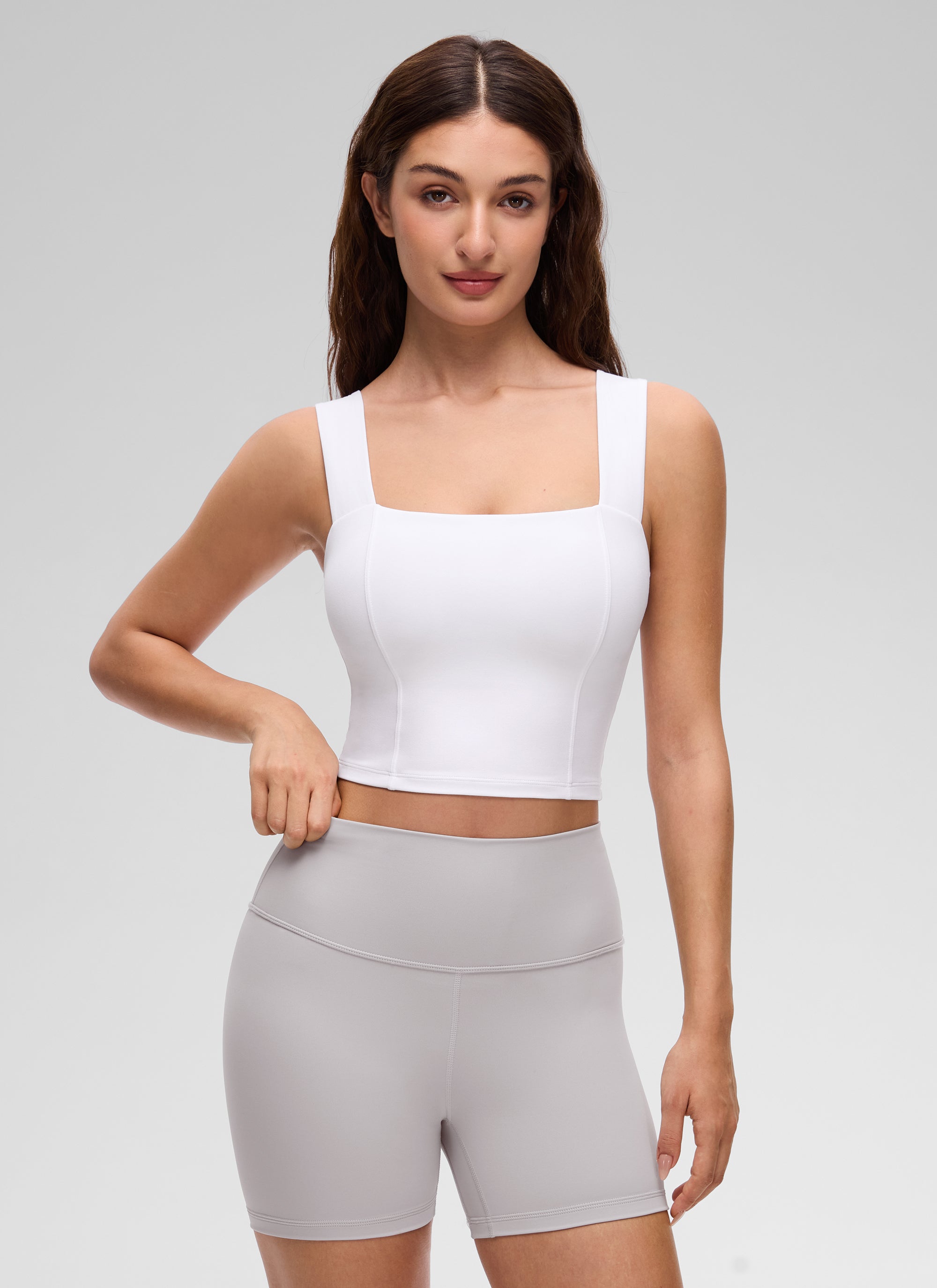 CRZ YOGA Women's Butterluxe Square Neck Crop Built in Bra Tank White @model_info:Inga