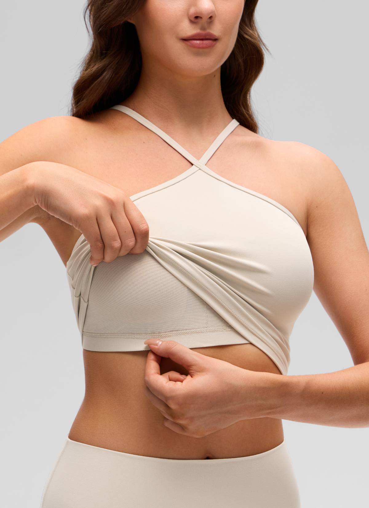 CRZ YOGA Women's Butterluxe Yoga Cross Halter Crop Built in Bra Tank Mojave Tan @model_info:Gelya