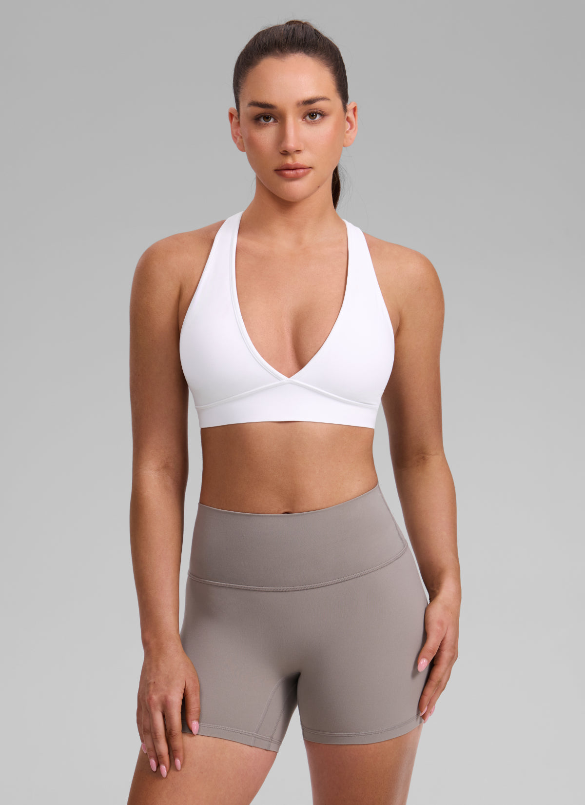 CRZ YOGA Women's Butterlift® Workout Deep V Neck Cross Back Sports Bra White