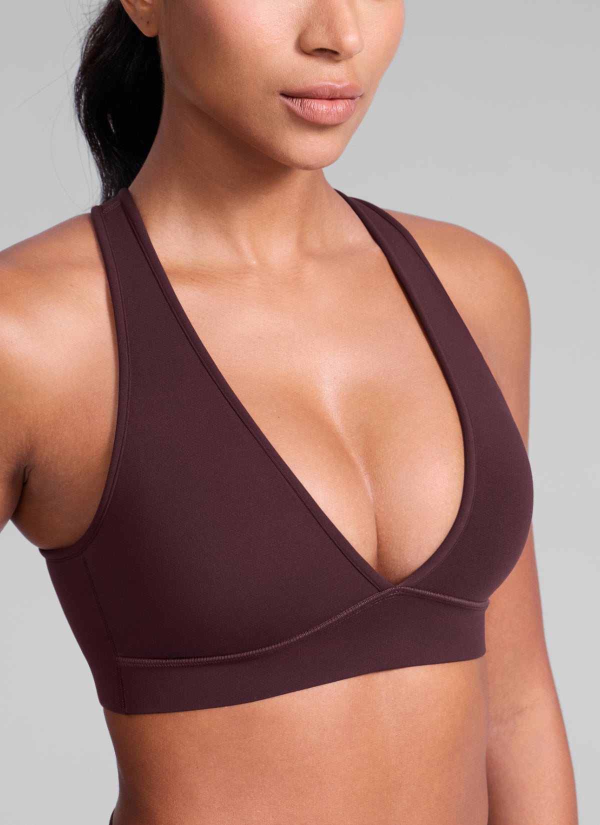 CRZ YOGA Women's Butterlift® Workout Deep V Neck Cross Back Sports Bra Ripe Plum