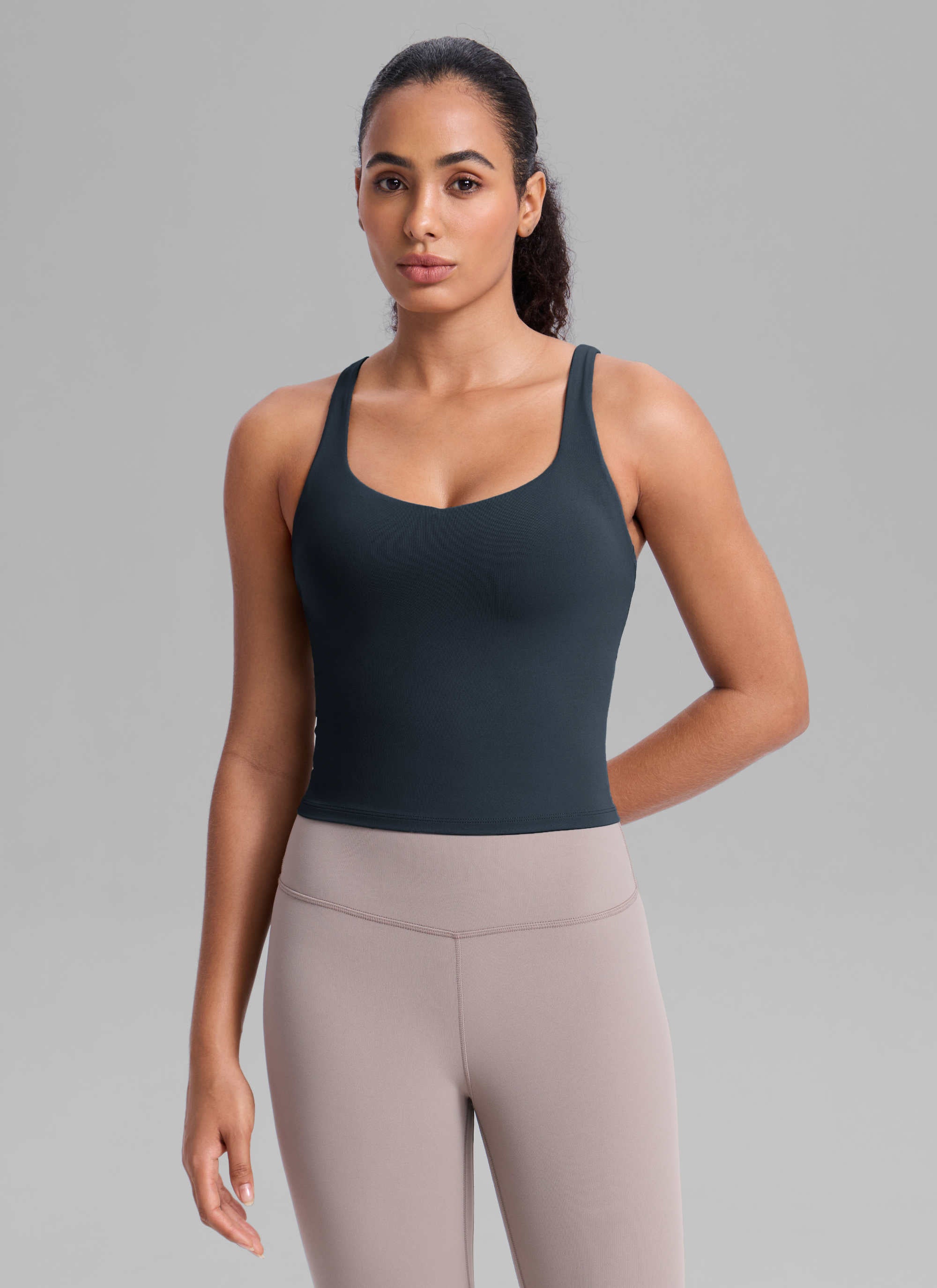 CRZ YOGA Women's Butterlift Workout V Neck Racerback Built in Bra Tank True Navy