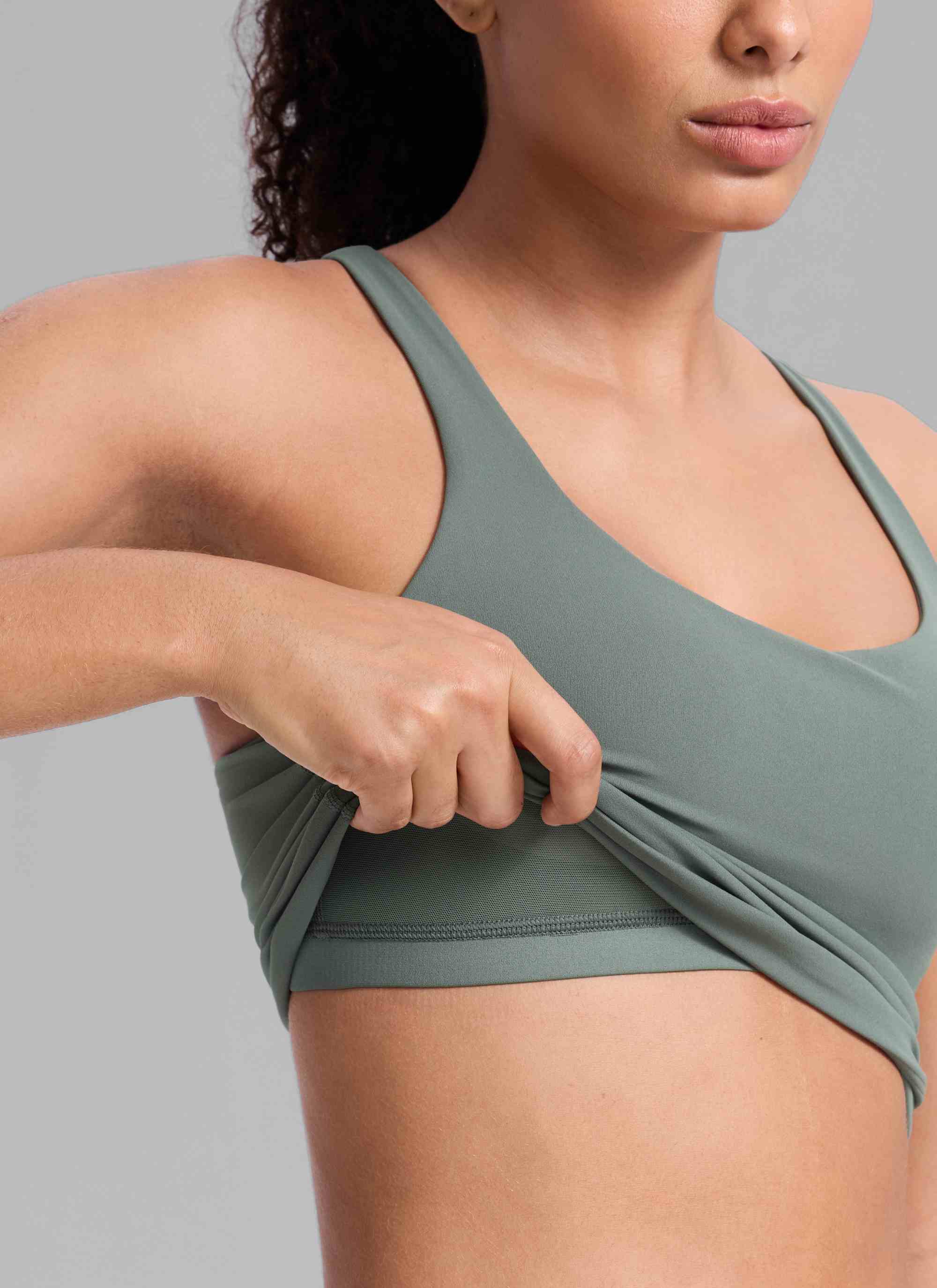 CRZ YOGA Women's Butterlift Workout V Neck Racerback Built in Bra Tank Grey Sage