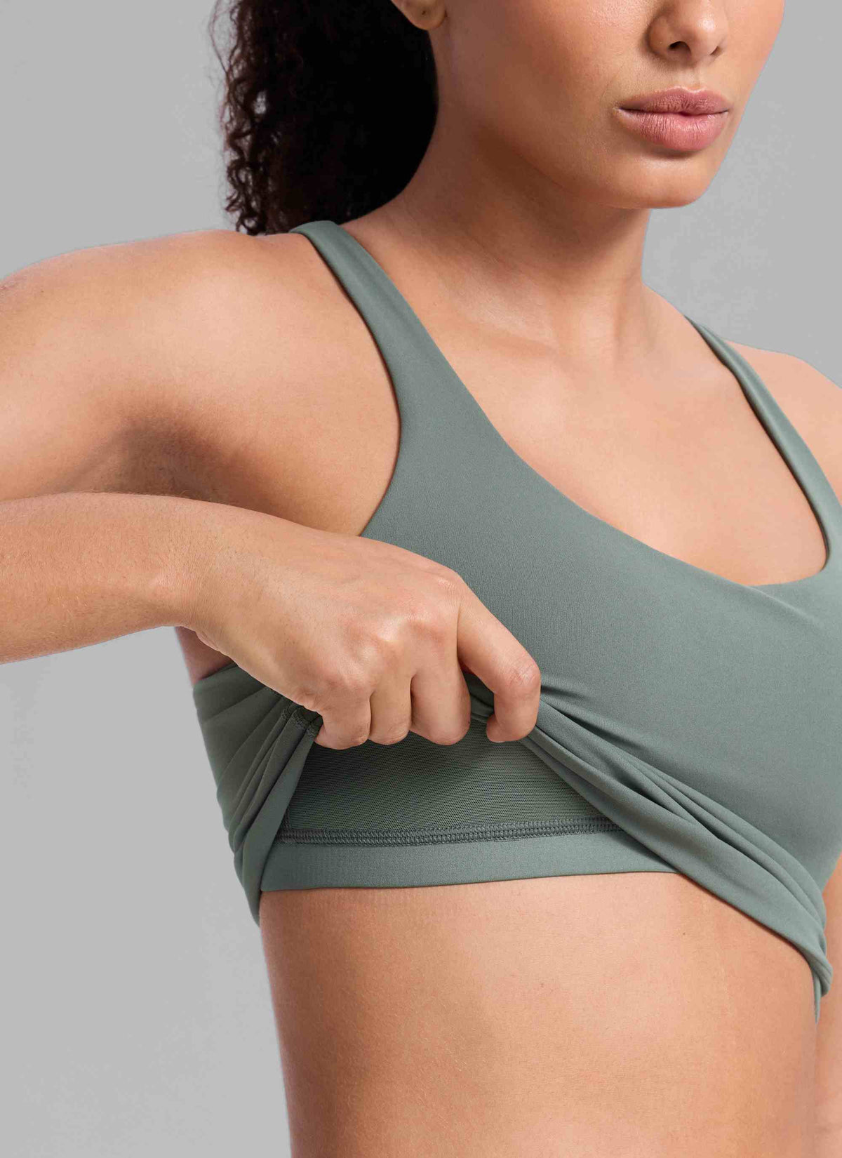 CRZ YOGA Women's Butterlift Workout V Neck Racerback Built in Bra Tank Grey Sage @model_info:Nicole