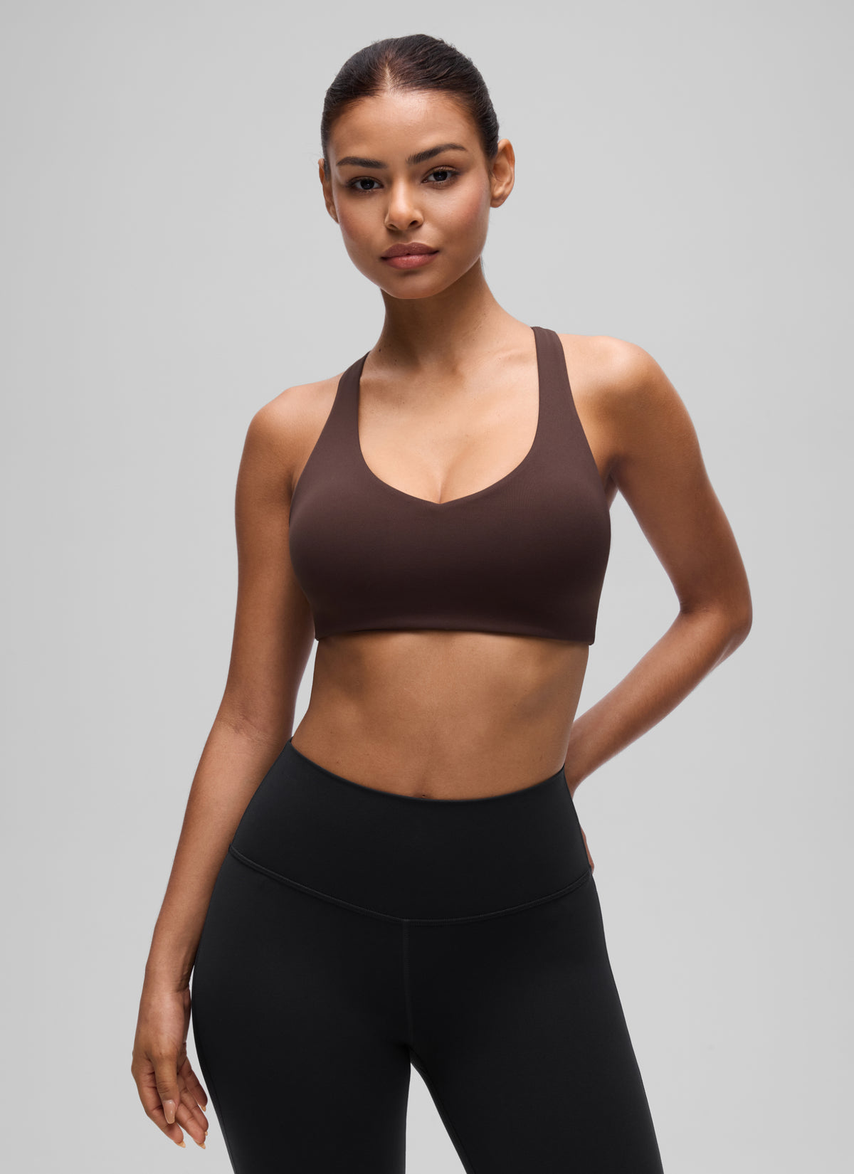 CRZ YOGA Women's Butterluxe Yoga V Neck RacerBack Build in Sports Bra Hot Fudge Brown @model_info:T