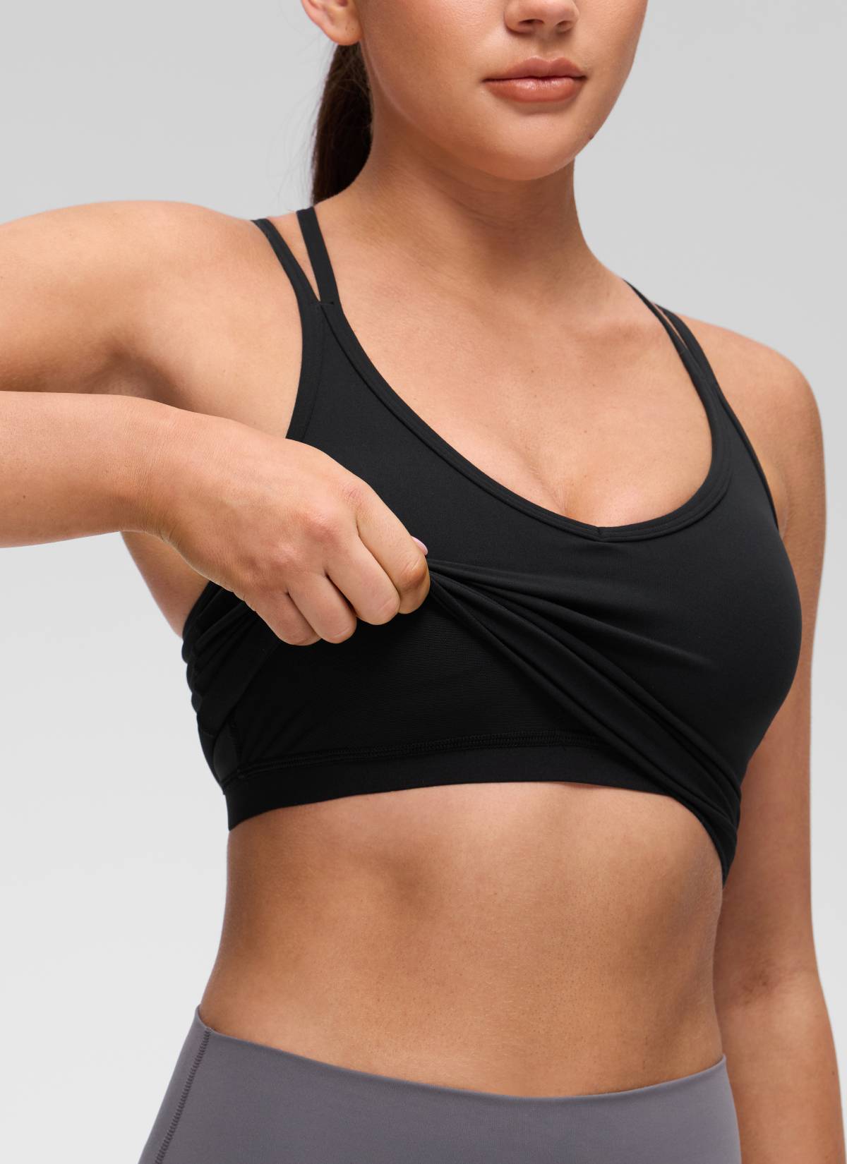 CRZ YOGA Women's Butterluxe Yoga V Neck Cross Back Built in Bra Tank Black @model_info:Brooklyn