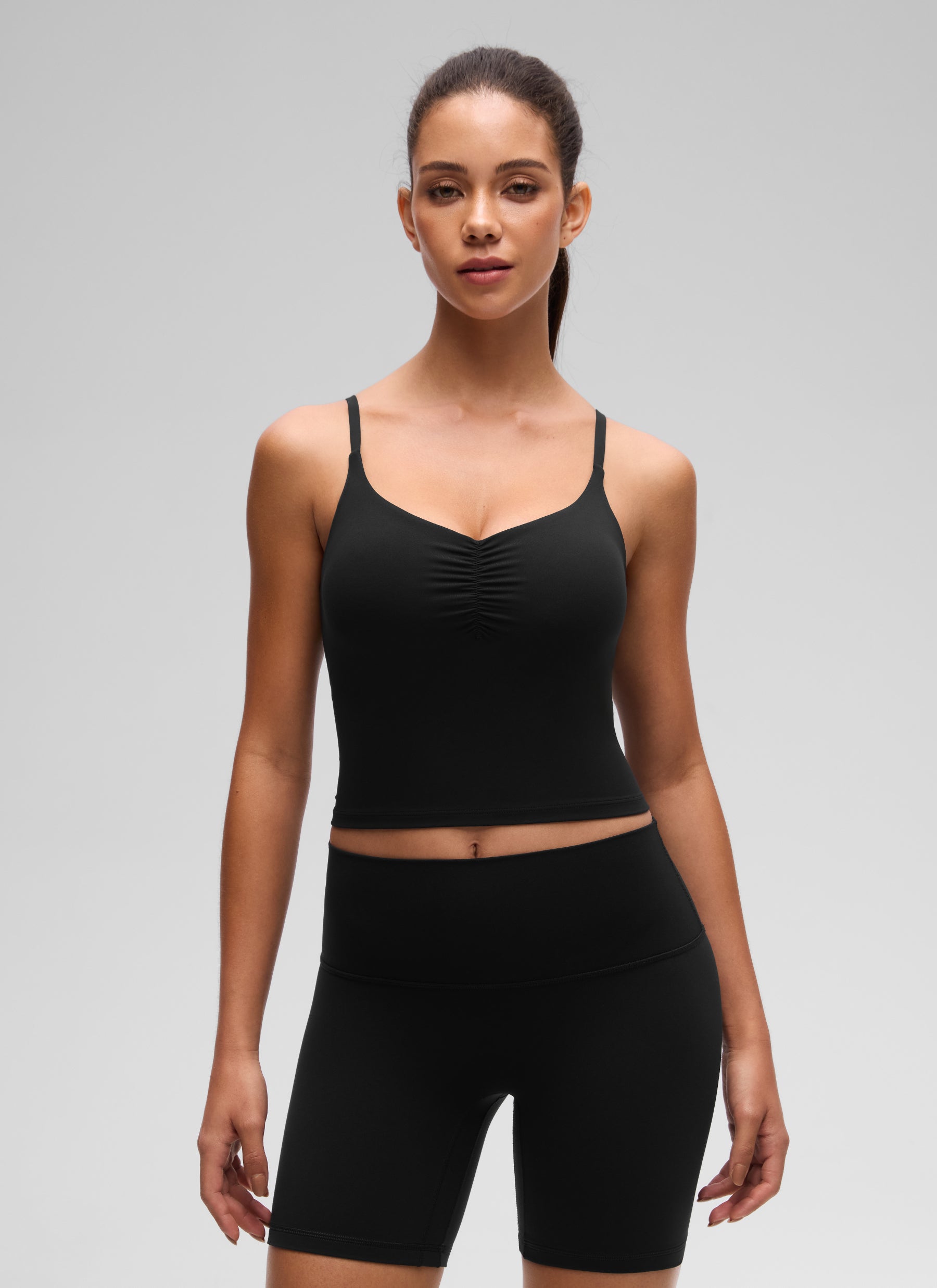 CRZ YOGA Women's Butterluxe Yoga Ruched V Neck U Back Crop Padded Tank Black @model_info:E