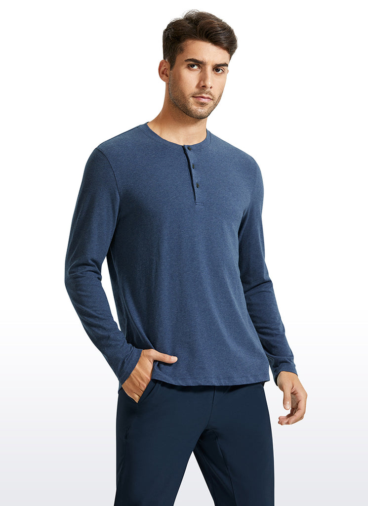 CRZ YOGA Men's Casual Relaxed Fit Shirt Pima Cotton Henley Long Sleeve Navy heather