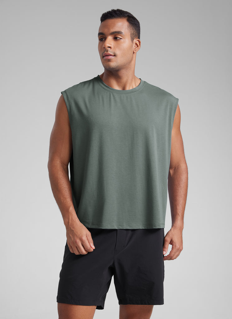 CRZ YOGA Men's Mesh Quick Dry Workout Relaxed Fit Tank Tops Sleeveless Slate Blue