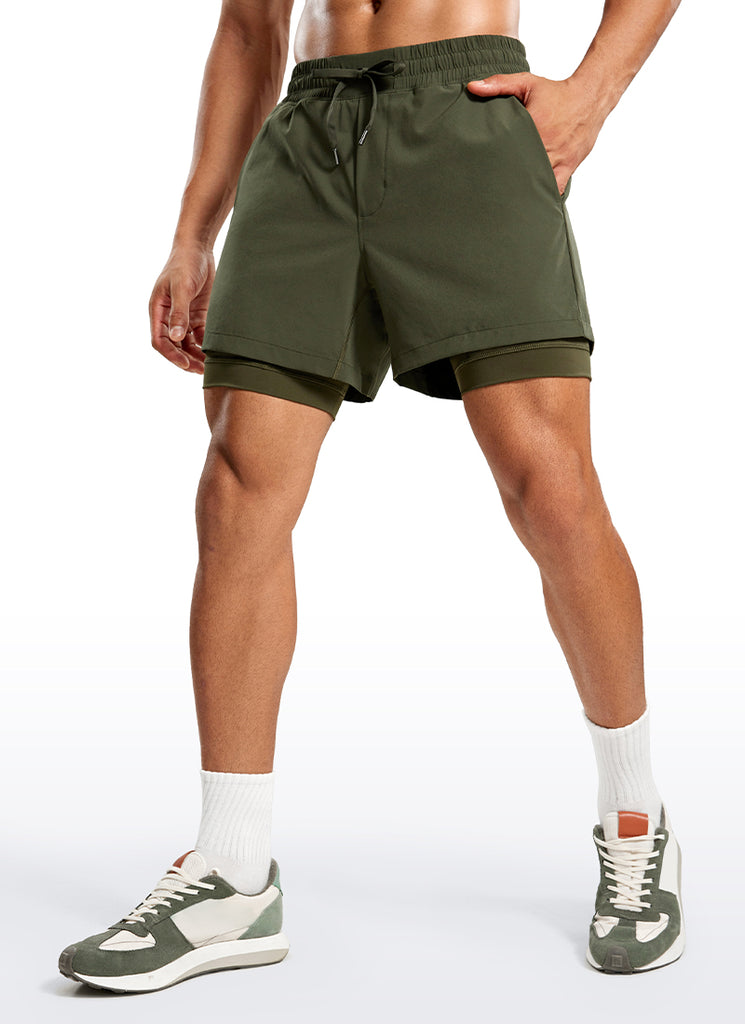 CRZ YOGA Men's Train Relaxed Fit Feathery-Fit 2 in 1 Shorts 5'' with Long Liner Dark Olive