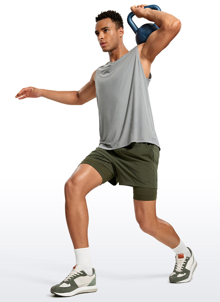 CRZ YOGA Men's Train Relaxed Fit Feathery-Fit 2 in 1 Shorts 5'' with Long Liner Dark Olive