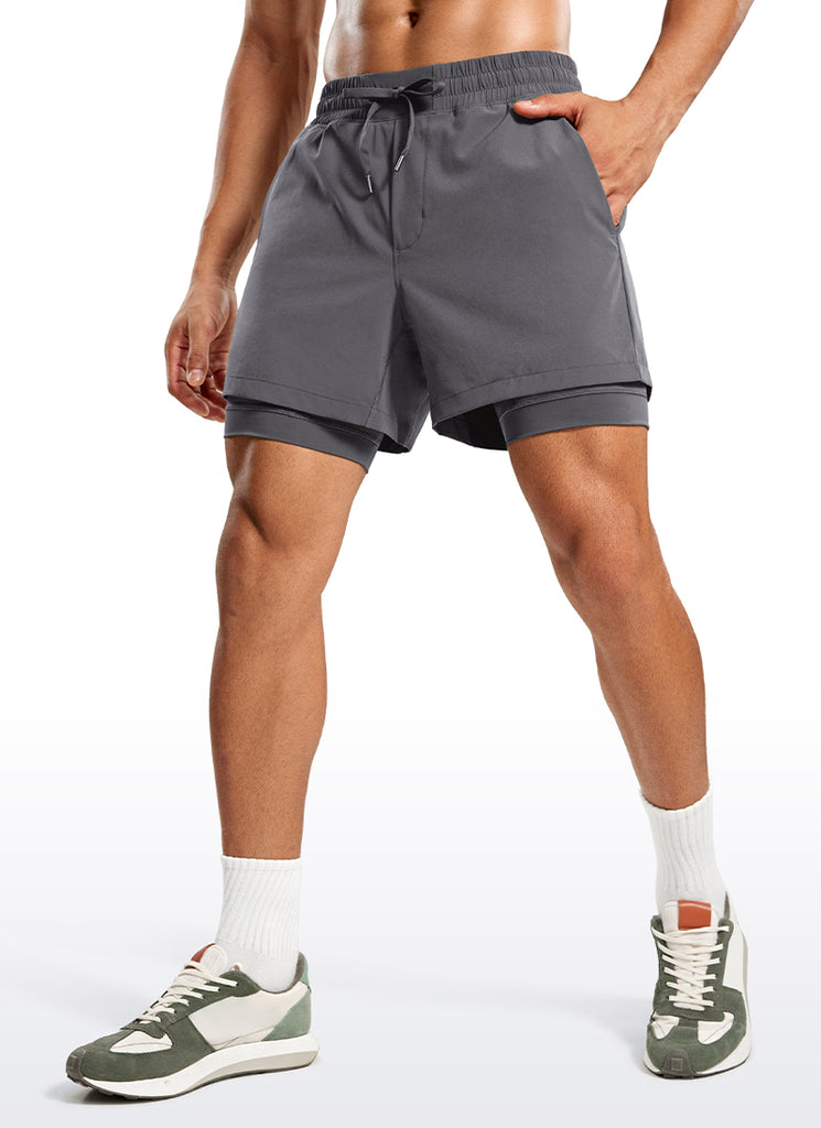 CRZ YOGA Men's Train Relaxed Fit Feathery-Fit 2 in 1 Shorts 5'' with Long Liner Brown Rock