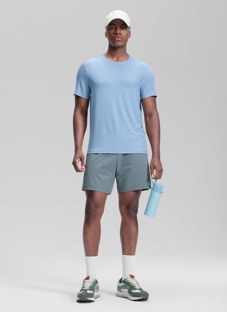 CRZ YOGA Men's Workout Classic FIt Quick Dry Pocket Shorts  7" Mojave Tan