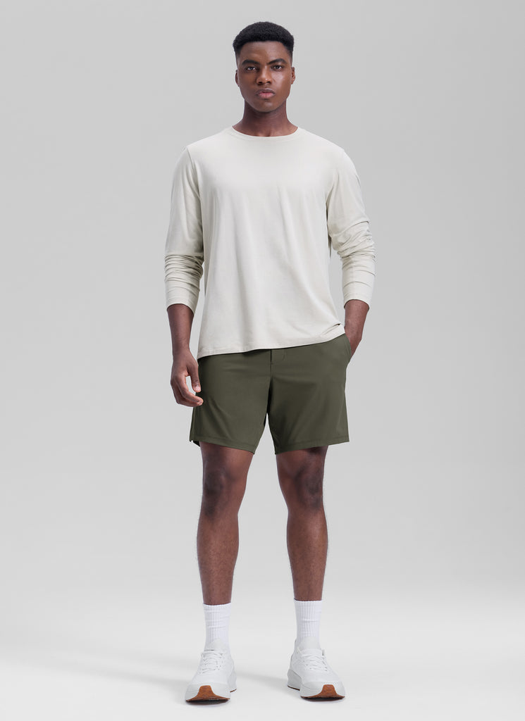 CRZ YOGA Men's Workout Classic FIt Quick Dry Pocket Shorts  7" Dark Olive