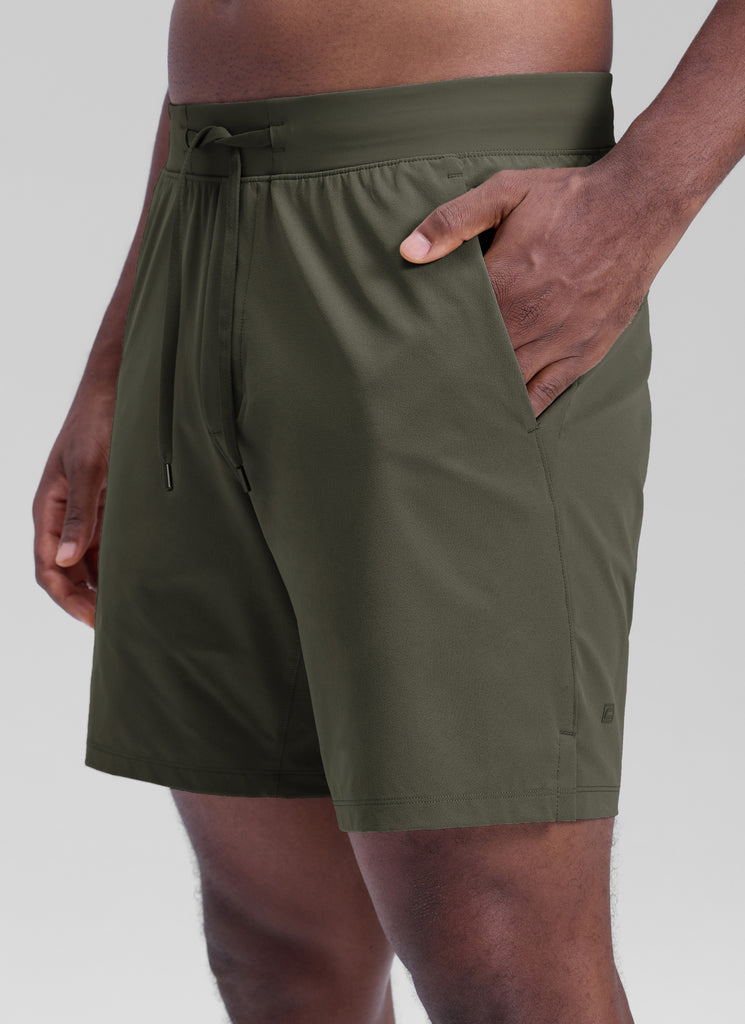 CRZ YOGA Men's Workout Classic FIt Quick Dry Pocket Shorts  7" Dark Olive