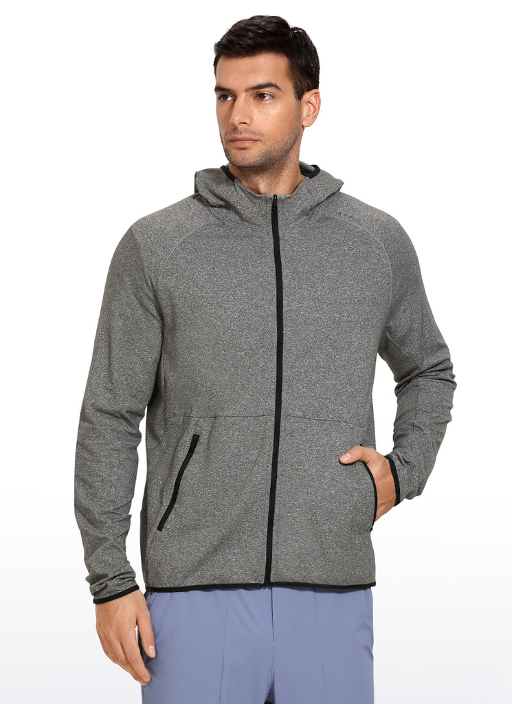 CRZ YOGA Men's Run Classic Fit Outerwear Brushed Full Zip Hoodie Black Heather