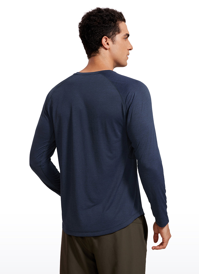 CRZ YOGA Men's Train Slim Fit Lightweight Rounded Scallop Long Sleeves Chambray Blue Heather