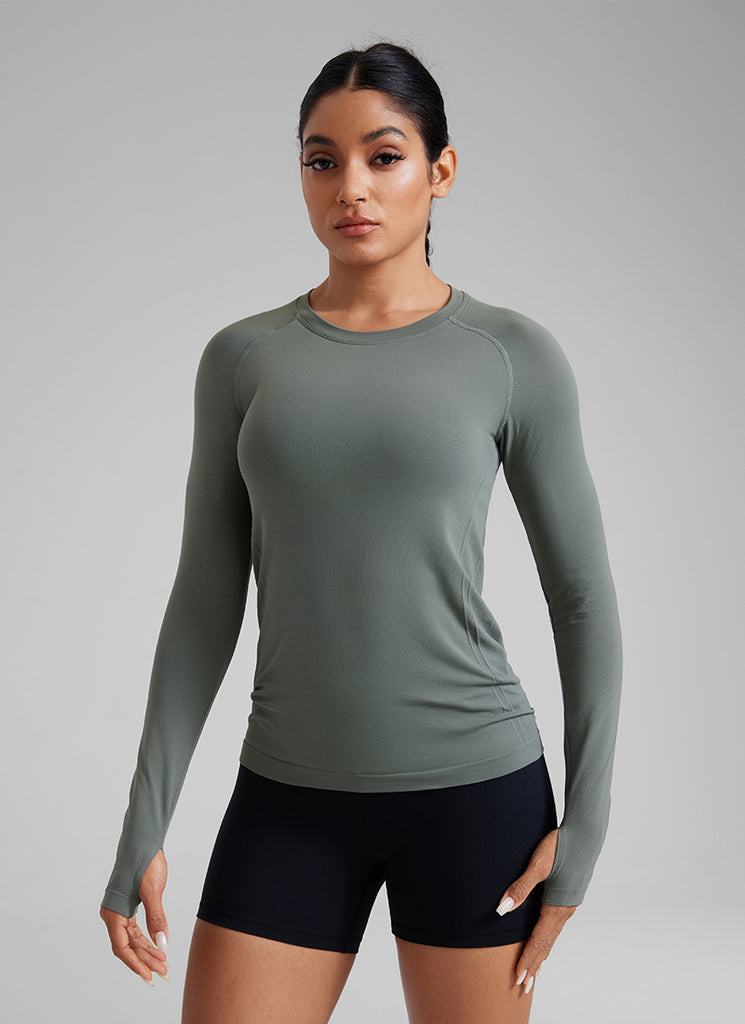 CRZ YOGA Women Seamless Workout Crew Neck Long Sleeve Shirts Grey Sage