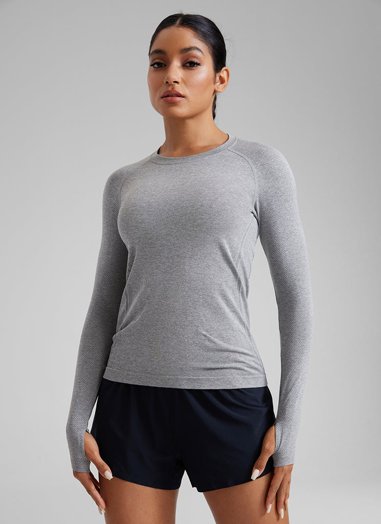 CRZ YOGA Women Seamless Workout Crew Neck Long Sleeve Shirts White