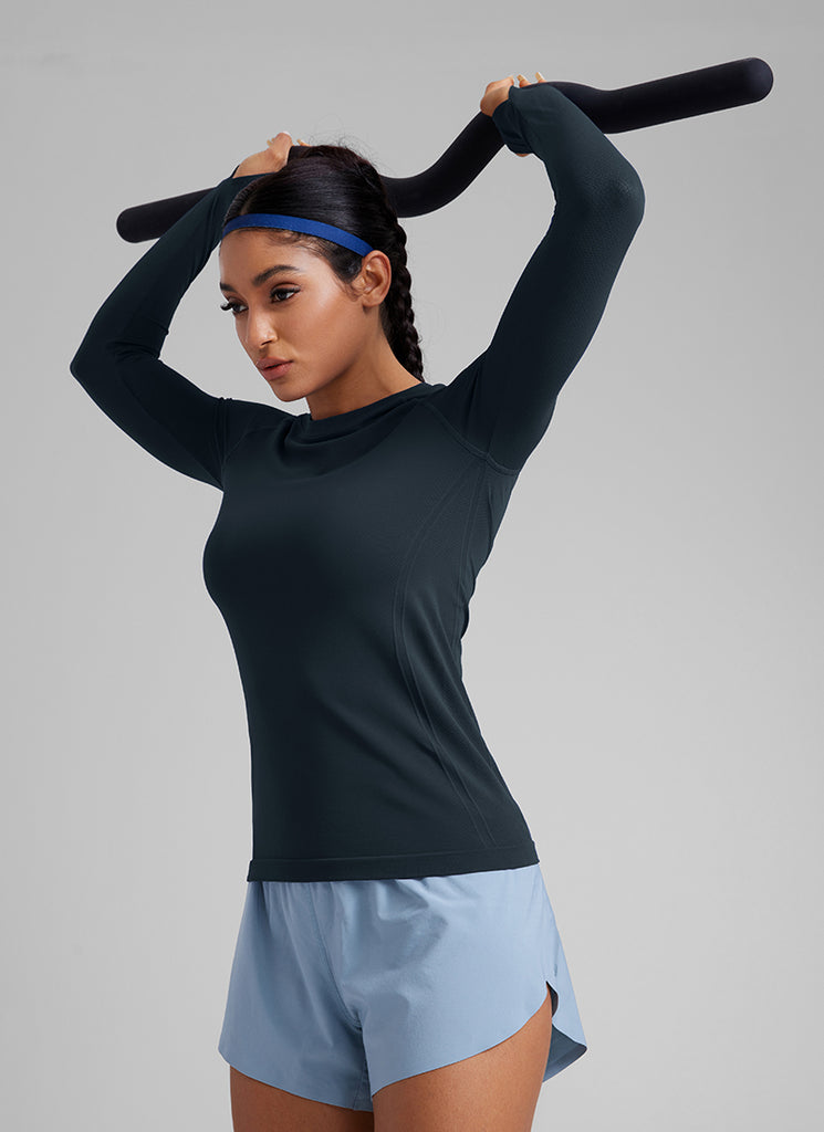 CRZ YOGA Women Seamless Workout Crew Neck Long Sleeve Shirts Slate Grey Marl