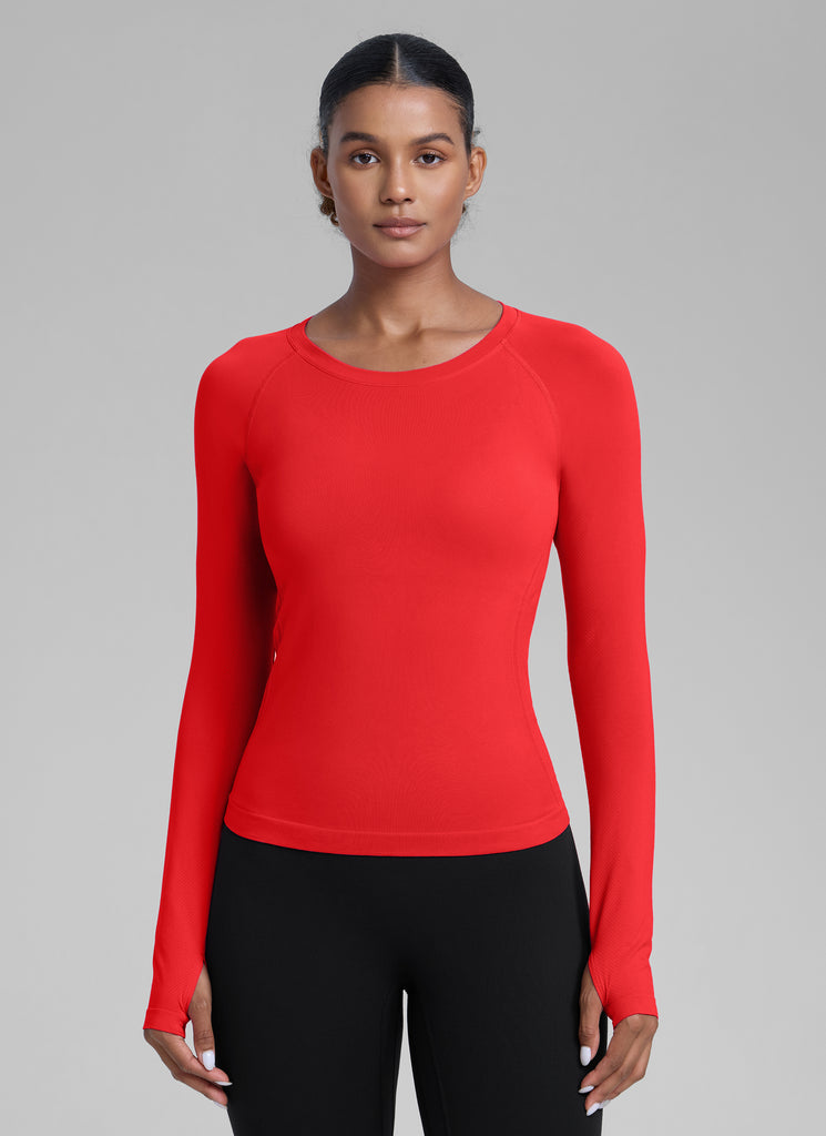 CRZ YOGA Women's Running Quick Dry Shirts Seamless Long Sleeves Deep Red