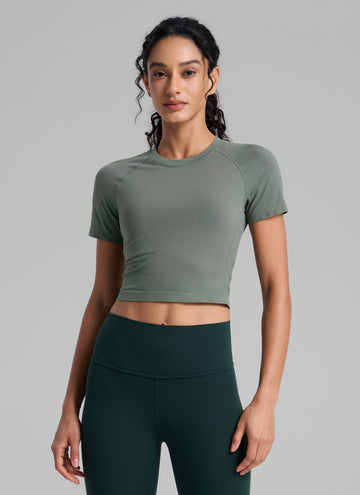 CRZYOGA Women's Running Slim Fit Shirts Seamless Cropped Short Sleeves Grey Sage