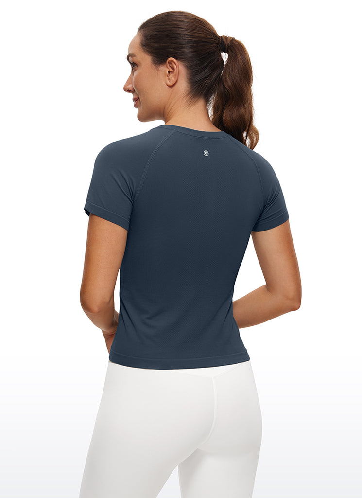 CRZ YOGA Women's Running Classic Fit Shirts Seamless Short Sleeves Twilight Blue