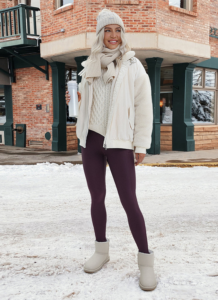 CRZ YOGA Women's High Rise Thermal Fleece Lined Pocket Leggings 28'' Arctic Plum