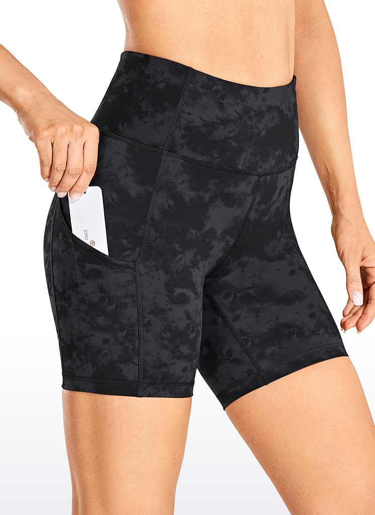 CRZ YOGA Women's Run High Rise Biker Nakedfeel Light Pocket Shorts 6'' Tie Dye Smoke Ink