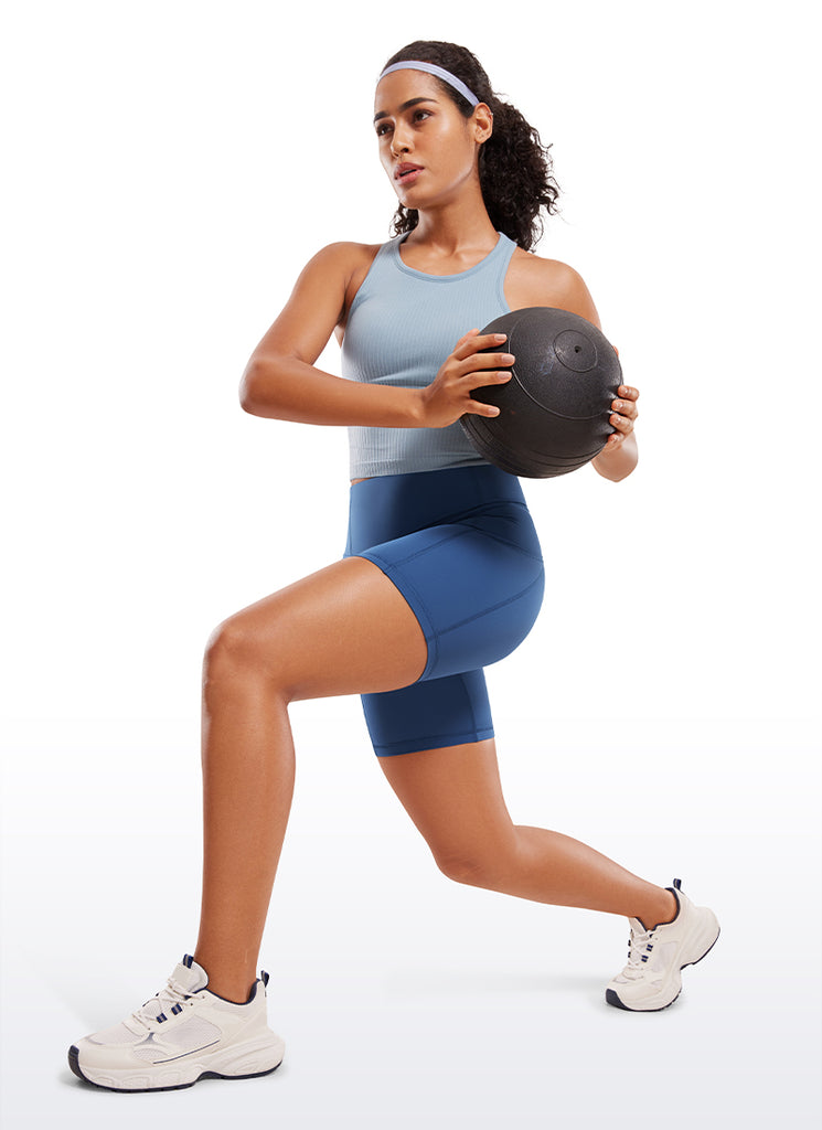 CRZ YOGA Women's Run High Rise Biker Nakedfeel Light Pocket Shorts 6'' Pitch Blue