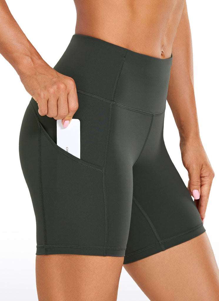 CRZ YOGA Women's Run High Rise Biker Nakedfeel Light Pocket Shorts 6'' Grey Olive