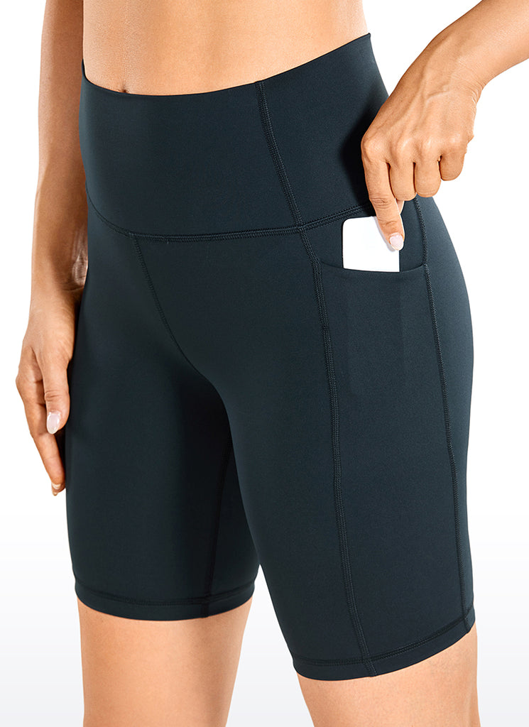 CRZ YOGA Women's Train High Rise Biker Nakedfeel Pocket Shorts 8'' stone-washed indigo