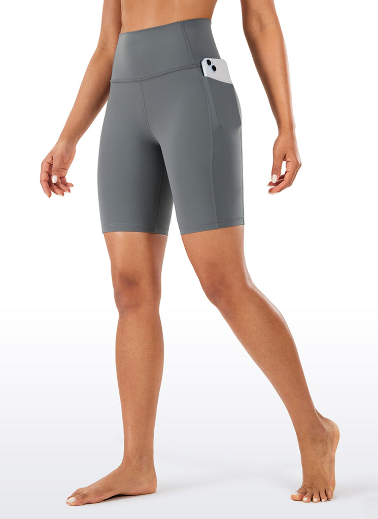 CRZ YOGA Women's Train High Rise Biker Nakedfeel Pocket Shorts 8'' Dark Green