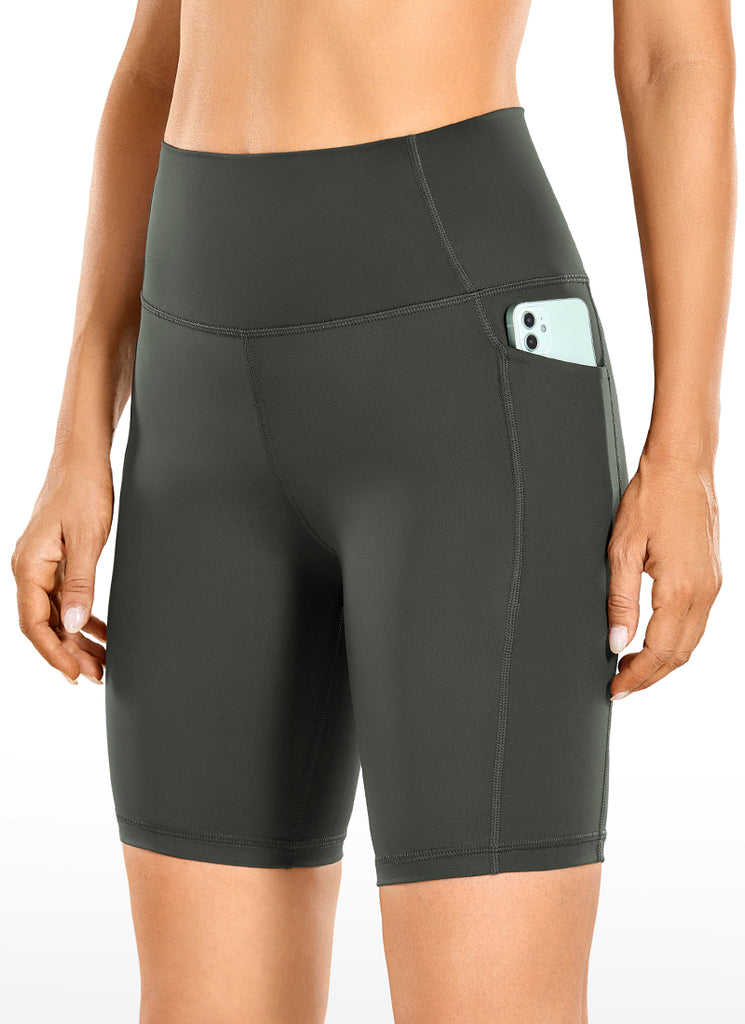 CRZ YOGA Women's Train High Rise Biker Nakedfeel Pocket Shorts 8'' Grey Olive