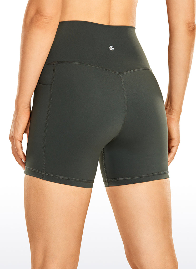 CRZ YOGA Women's Train High Rise Biker Nakedfeel Pocket Shorts 5'' Grey Olive