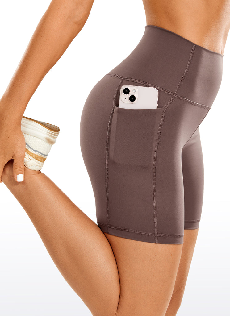 CRZ YOGA Women's Train High Rise Biker Nakedfeel Pocket Shorts 6'' Purple Taupe