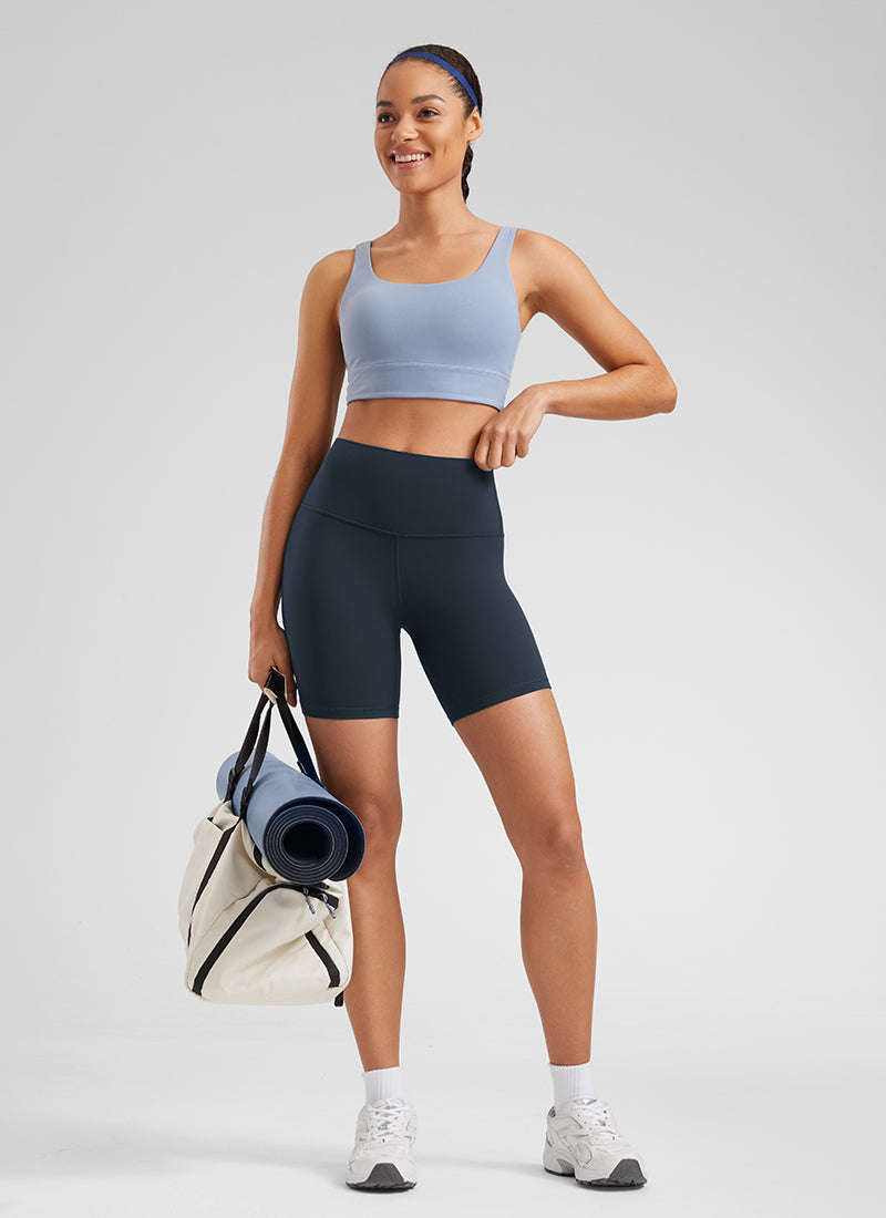 CRZ YOGA Women's Yoga High Rise Biker Shorts Butterluxe Shorts 6'' True Navy @model_info:Fiona