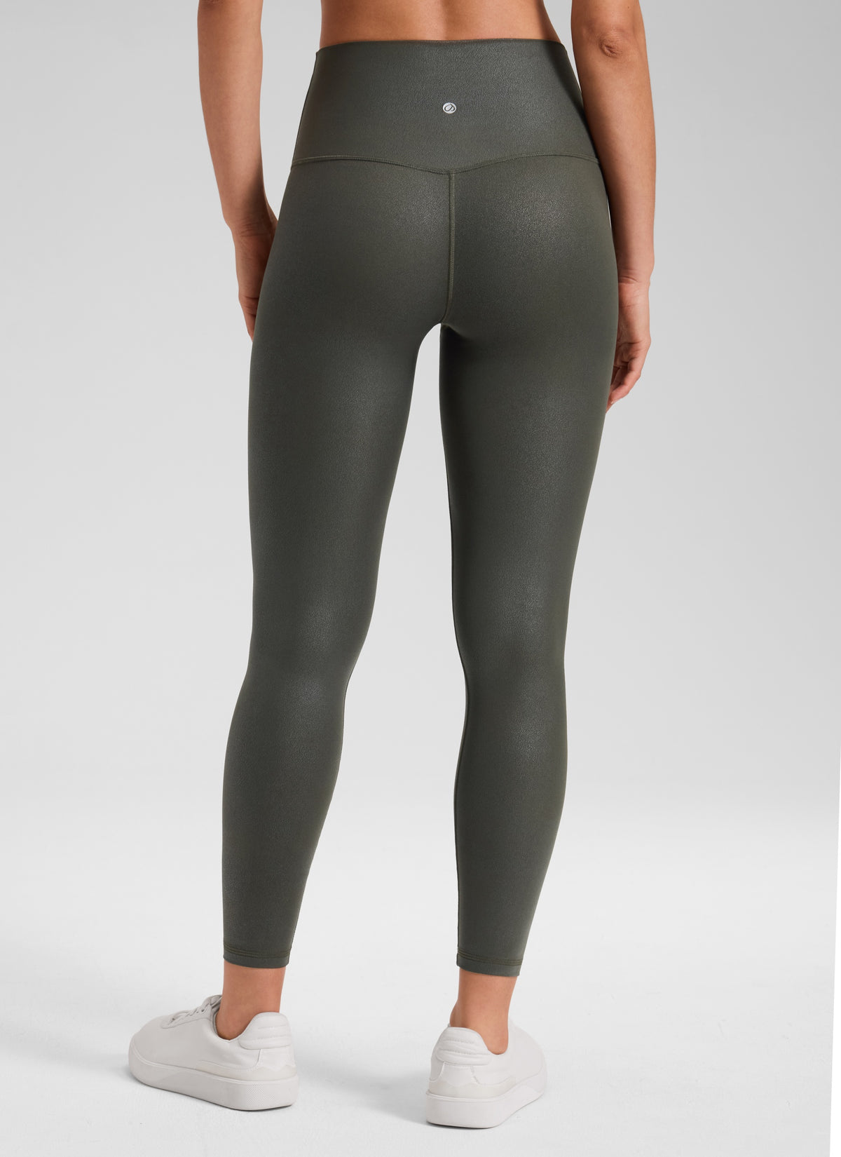 CRZ YOGA Women Butterluxe Matte Faux Leather Leggings 25'' Olive Green Foil Pattern @model_info:Larissa