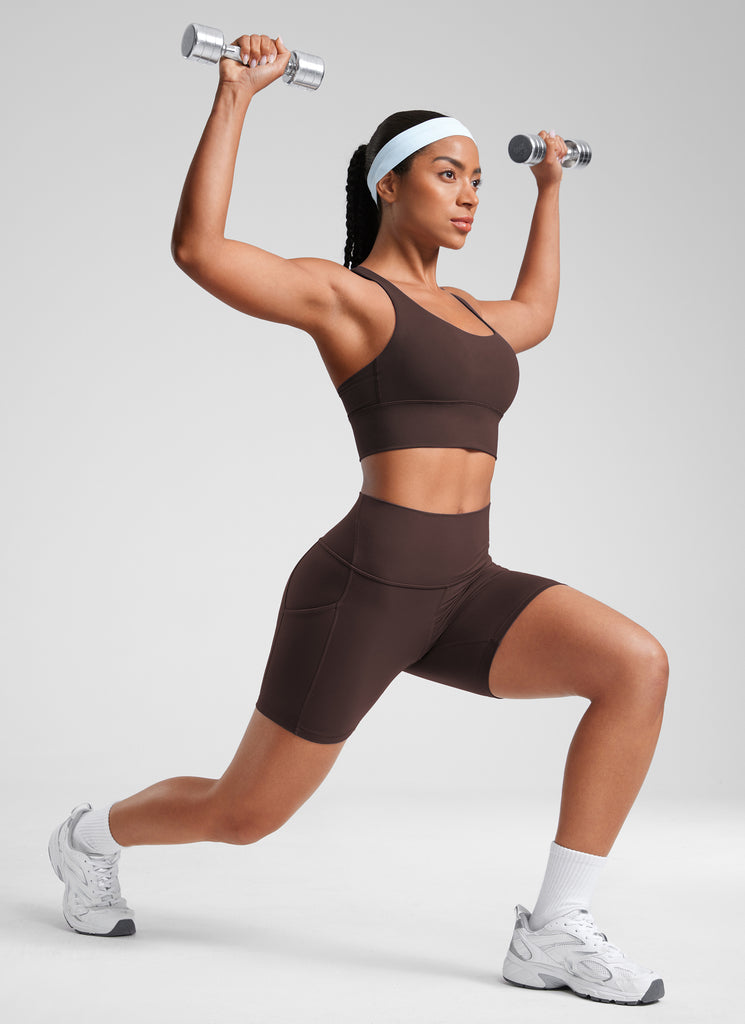 CRZ YOGA Women's Yoga High Rise Biker Butterluxe Pockets Shorts 5'' Hot Fudge Brown