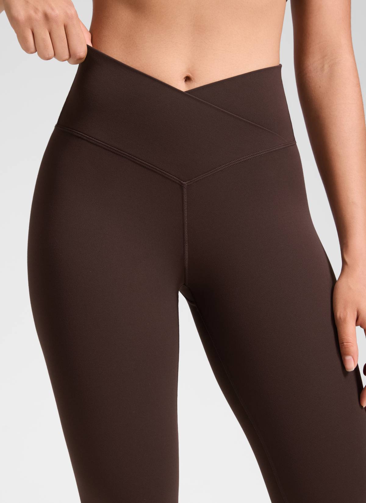 CRZ YOGA Women's High Rise Butterluxe Yoga Leggings 25'' V Cross Waist Hot Fudge Brown @model_info:Fiona