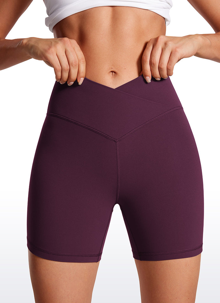 CRZ YOGA Women's High Rise Butterluxe V Cross Waist Biker Shorts 5'' Deep Purple