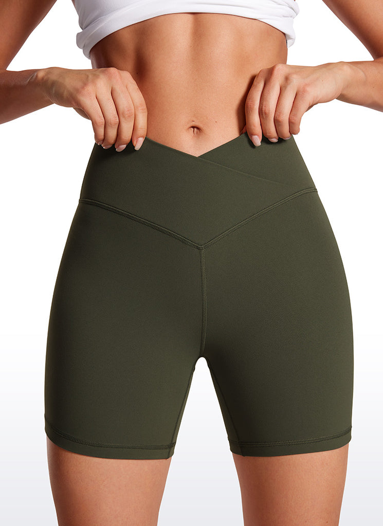 CRZ YOGA Women's High Rise Butterluxe V Cross Waist Biker Shorts 5'' Olive Green